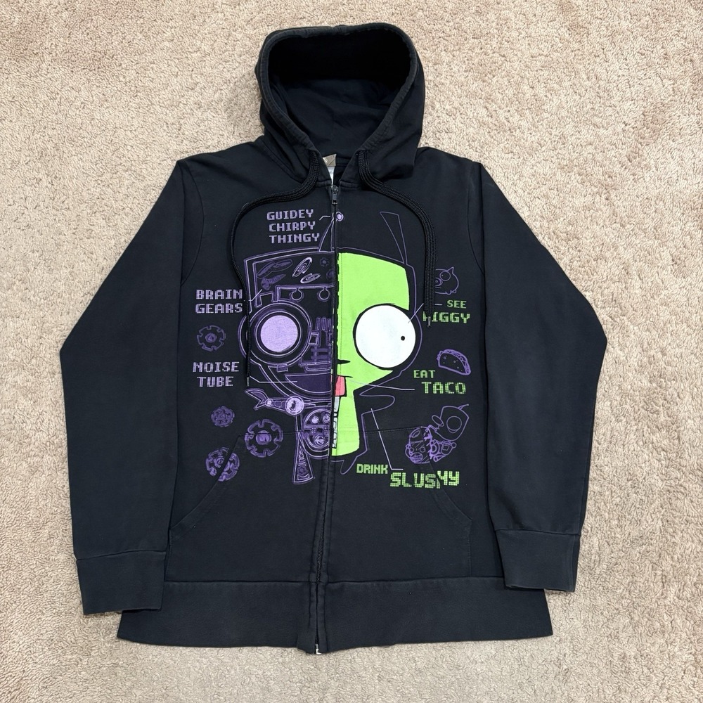 Y2K Mighty Fine Invader Zim Hoodie Size Medium Black Full Zip Piggy Cartoon Vtg